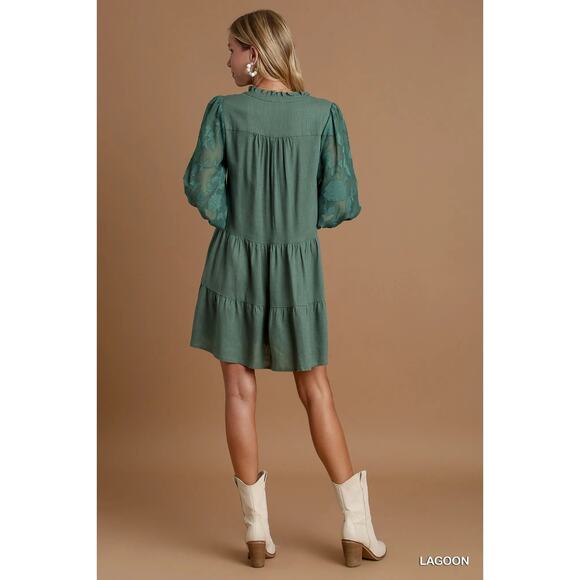 Umgee Floral Contrast Print Bubble Sleeves Tiered Design Relaxed Dress | Lagoon - Picture 4 of 6